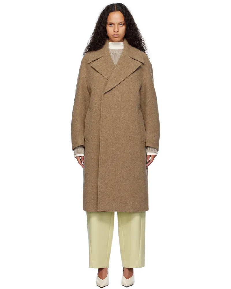 AURALEE Brown Sponge Wool Melton Double-Breasted Coat Top