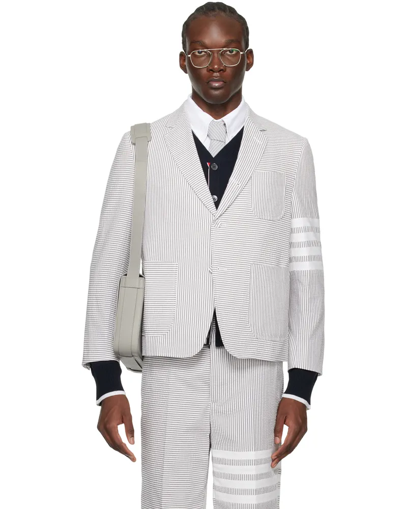 Thom Browne Gray & White Single-Breasted Blazer 035