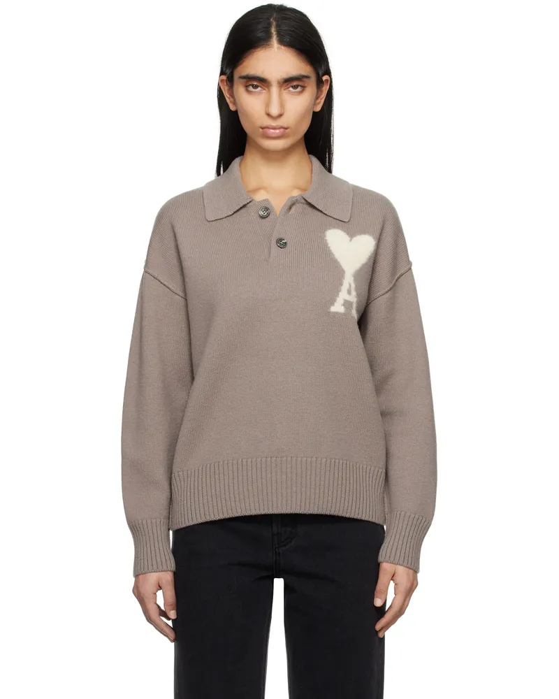 AMI Paris Taupe Wool Ami de Coeur Polo Ash