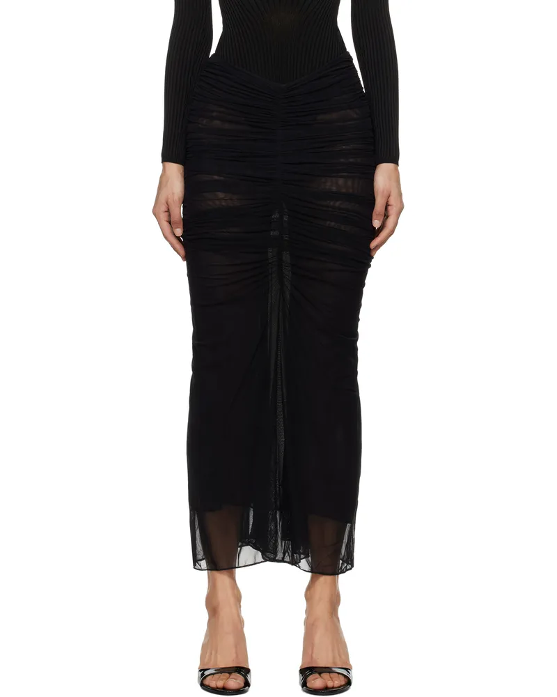Thierry Mugler Black Ruched Mesh Midi Skirt 1999