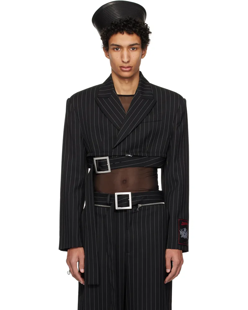 Jean Paul Gaultier Black Pinstripe Wool Cropped Tailored Blazer 0001-black