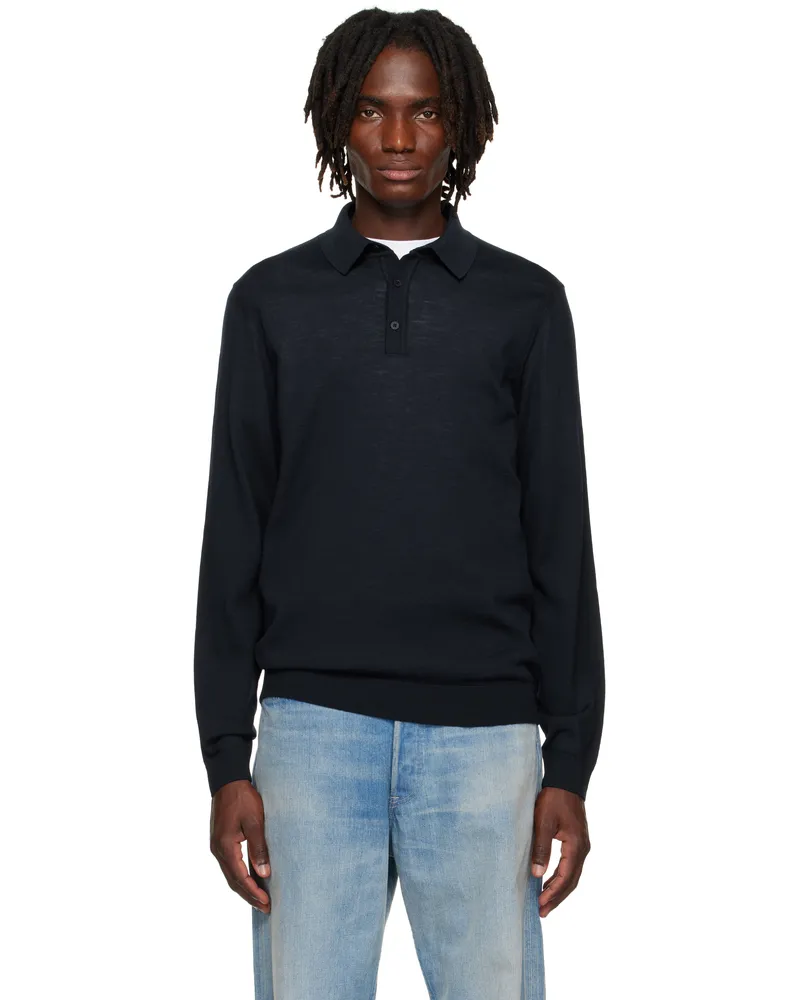 HUGO BOSS Navy Long-Sleeved Virgin Wool Polo 404-dark