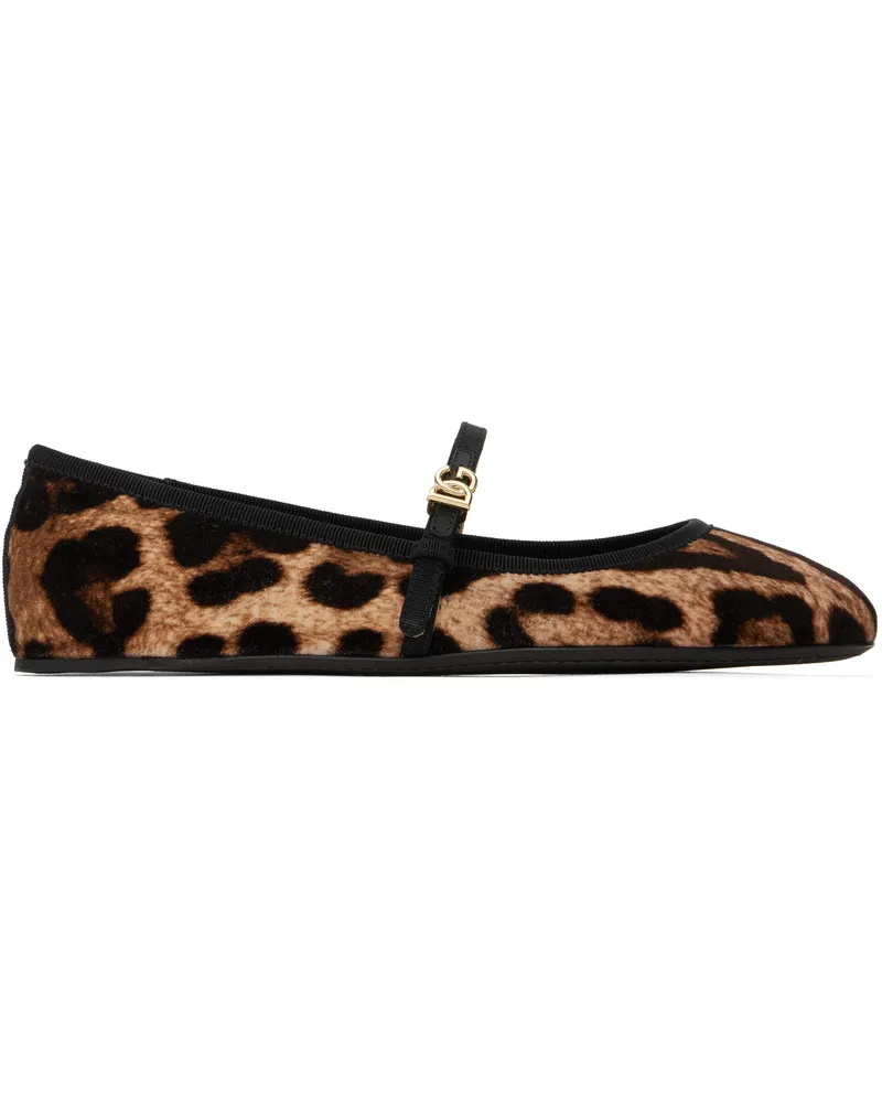 Dolce & Gabbana Brown & Beige Printed Velvet Ballerina Flats Hy13m