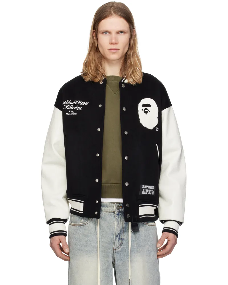 BAPE Black & White 'BAPE' Varsity Bomber Jacket Blk-black