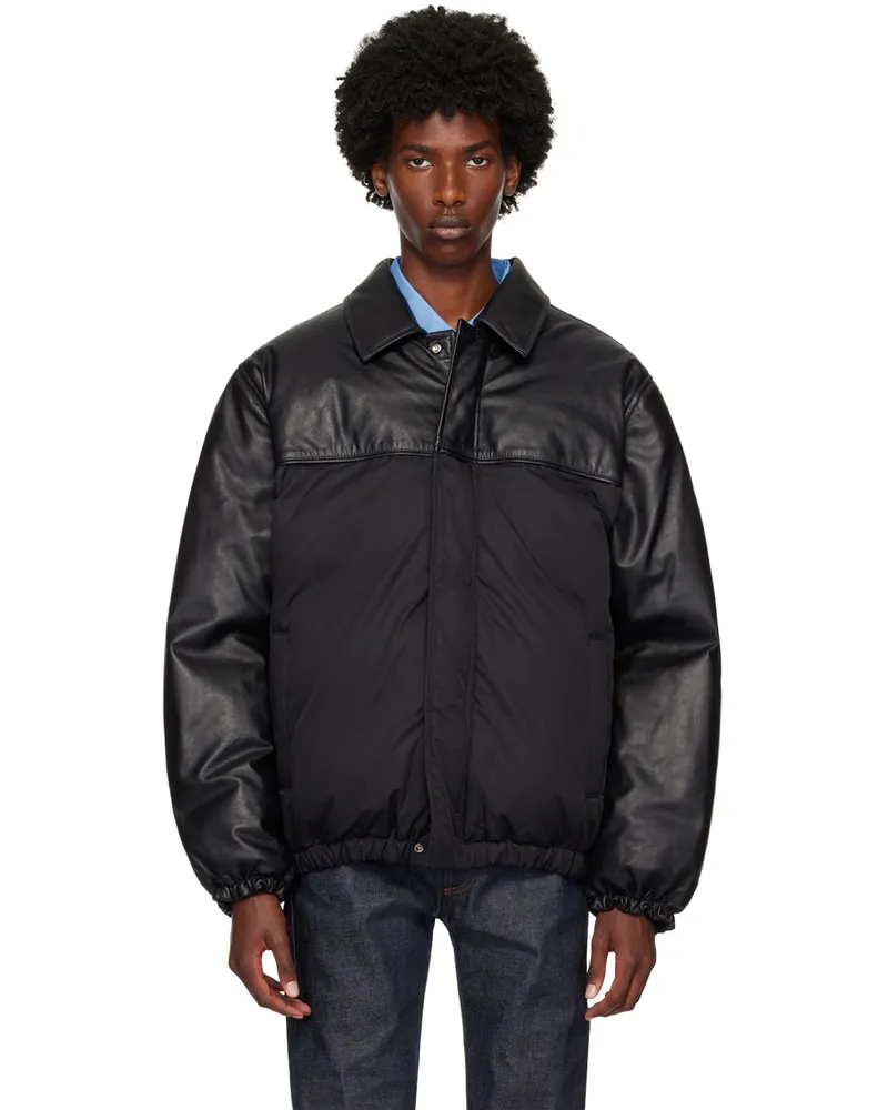 Calvin Klein Black Paneled Leather Down Bomber Jacket Vulcan