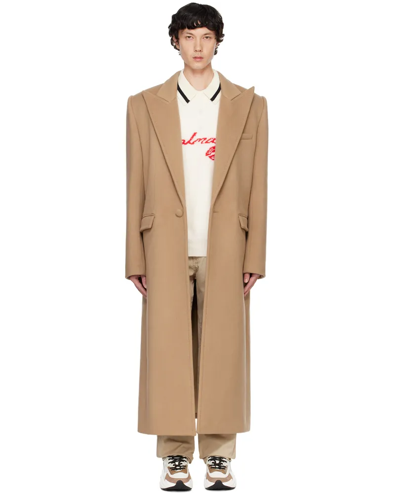 Balmain Tan Long Virgin Wool & Cashmere Coat 8kc