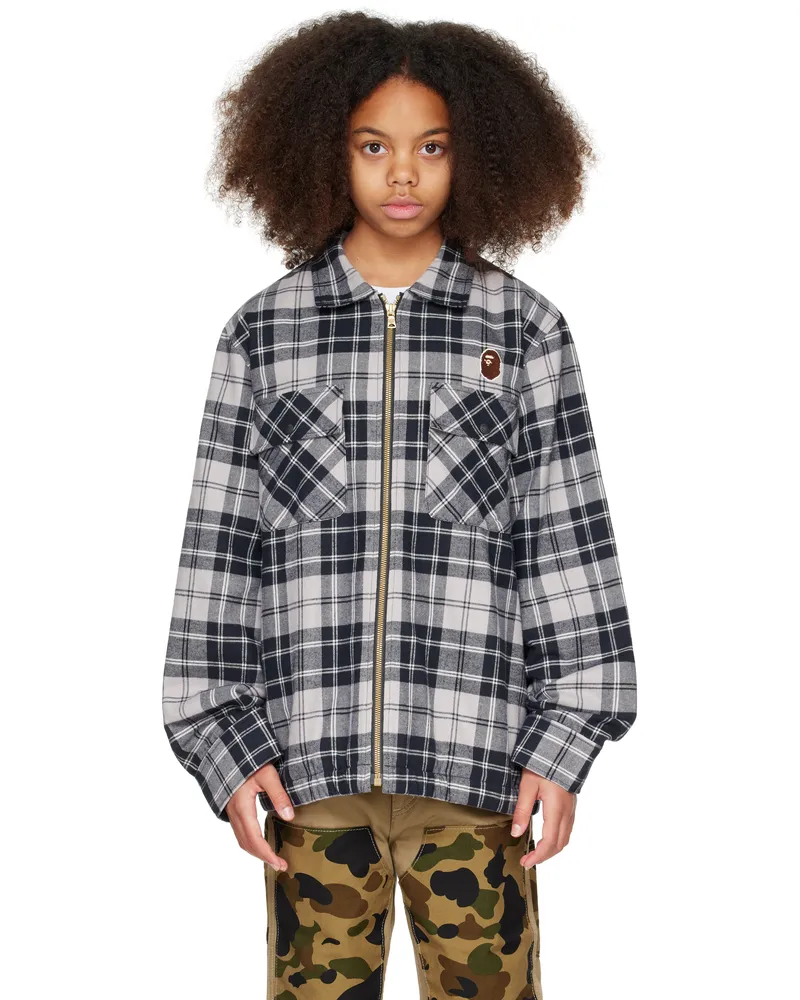 BAPE Kids Gray Check Ape Head Patch Zip Jacket Gray