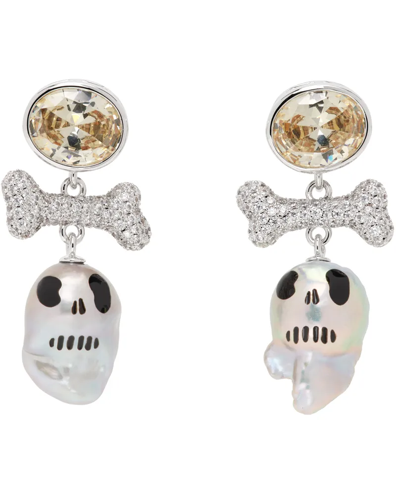 JIWINAIA Silver & White Skull Pearl Drop Earrings Lemon