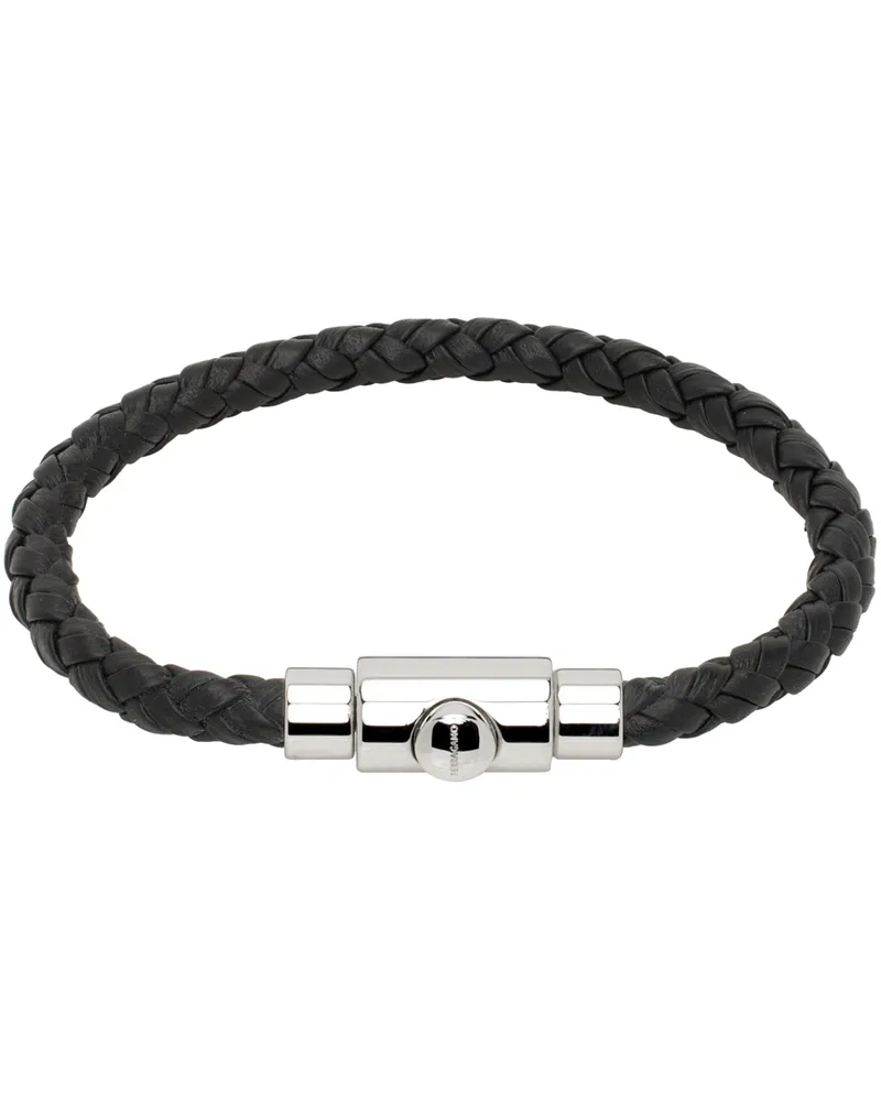 Ferragamo Black Braided Leather Bracelet Nero+pld
