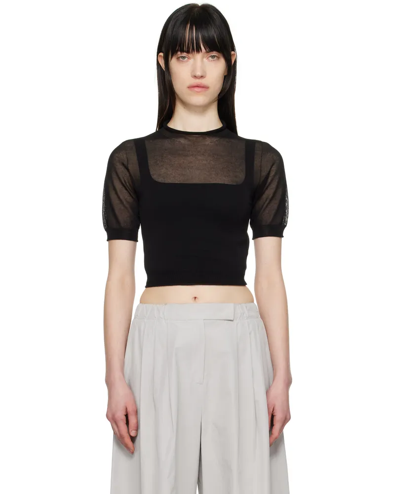 AMOMENTO Black Sheer Cropped Knit Sweater Black