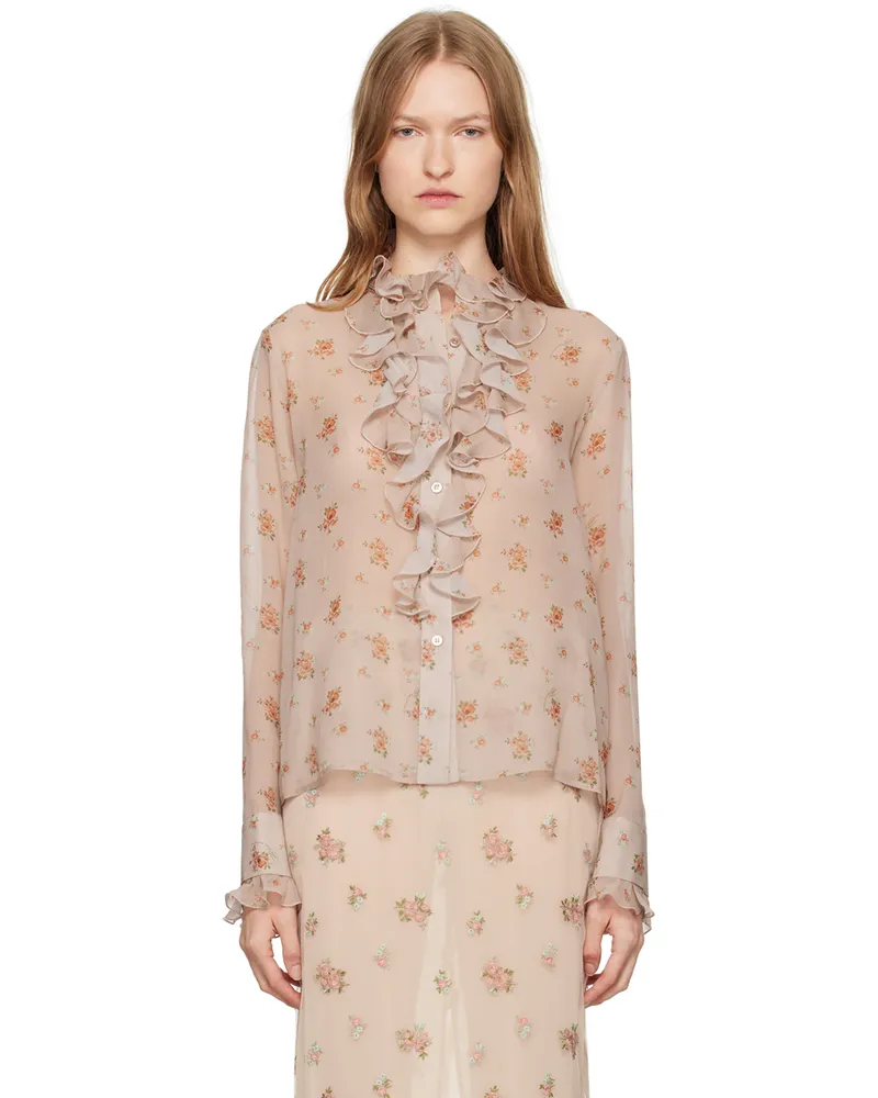 Blumarine Pink Georgette Bouquet Print & Ruffles Blouse F8061