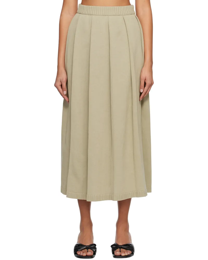 AURALEE Beige Pleated Midi Skirt Khaki