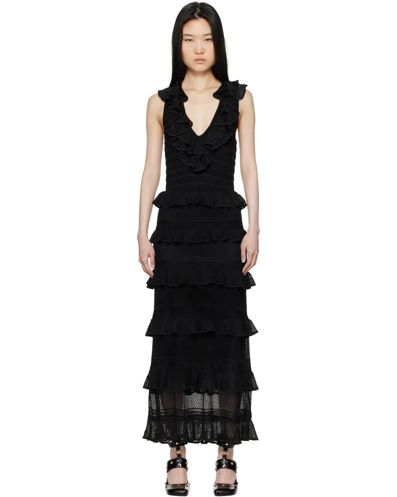 Zimmermann Black Crush Frilled V-Neck Midi Dress Blk