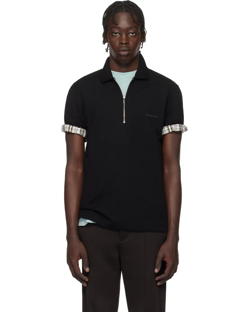 Ferragamo Black Zip Collar Polo Nero