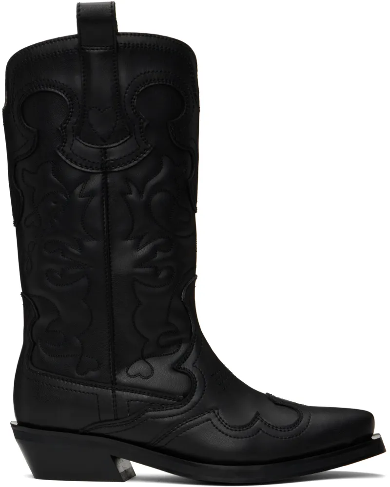 Ganni Black Mid Shaft Embroidered Western Boots 004
