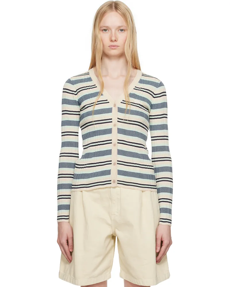 Kitsuné Beige & Blue Fine Rib Striped Cardigan 0269
