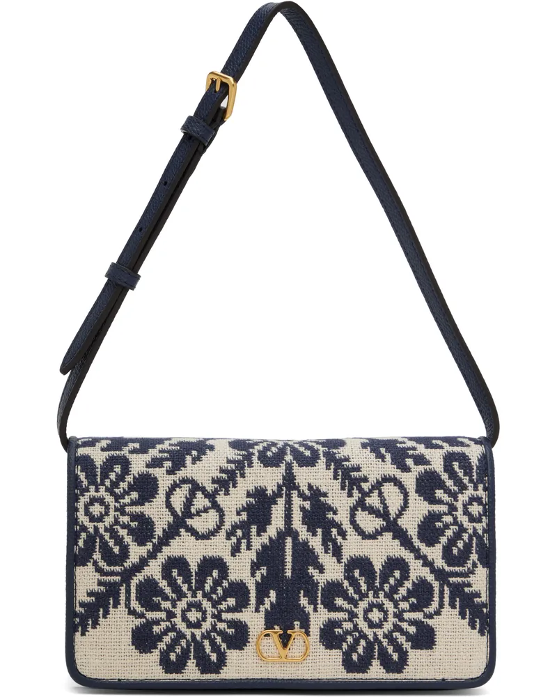 Valentino Garavani Beige & Navy VLogo Signature Jacquard Flowers Bag Ayn