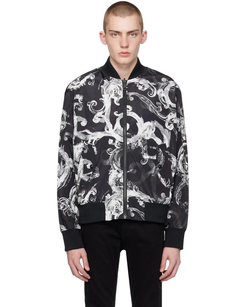 Versace Jeans Black & White Watercolor Couture Reversible Bomber Jacket E899