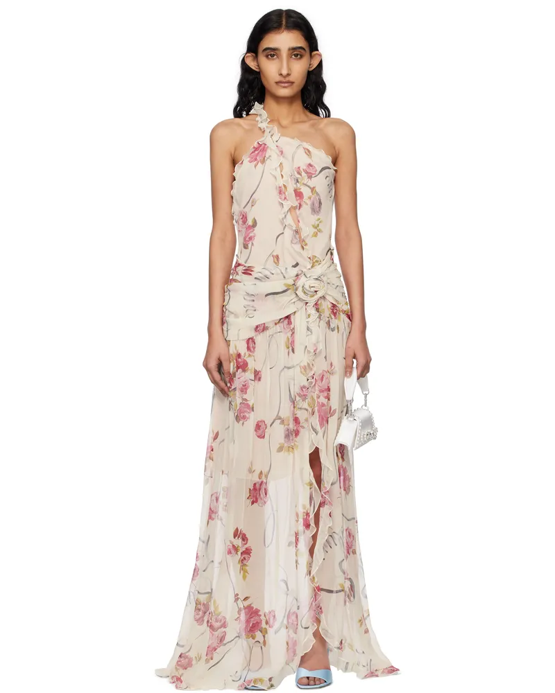 Blumarine Off-White & Pink One-Shoulder Creponne Maxi Dress F7141
