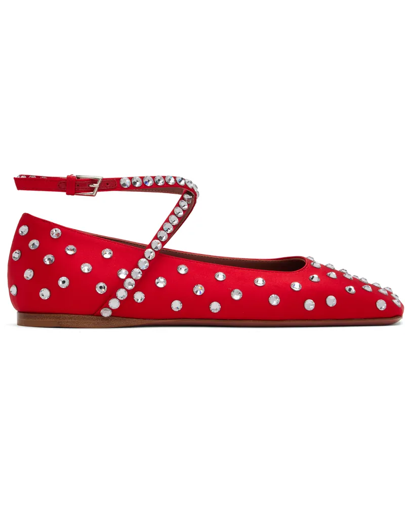 Amina Muaddi Red Ane Crystal Lace Up Ballerina Flats Red