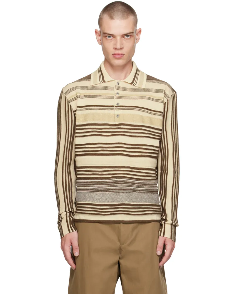 Bottega Veneta Beige & Brown Striped Polo 2975