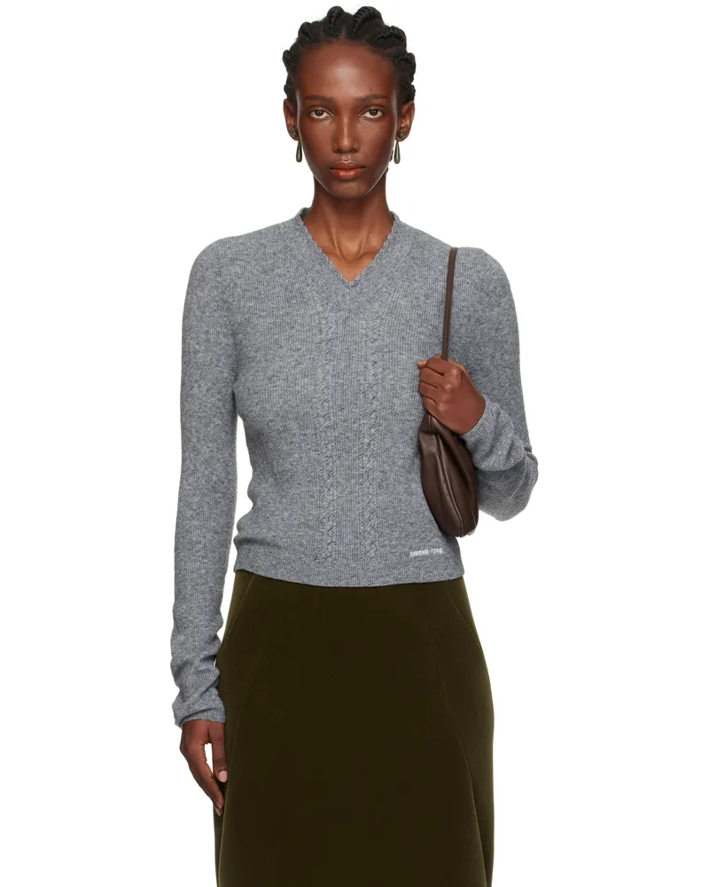 SHUSHU/TONG Gray Lace-Trimmed V-Neck Knit Sweater Gr100