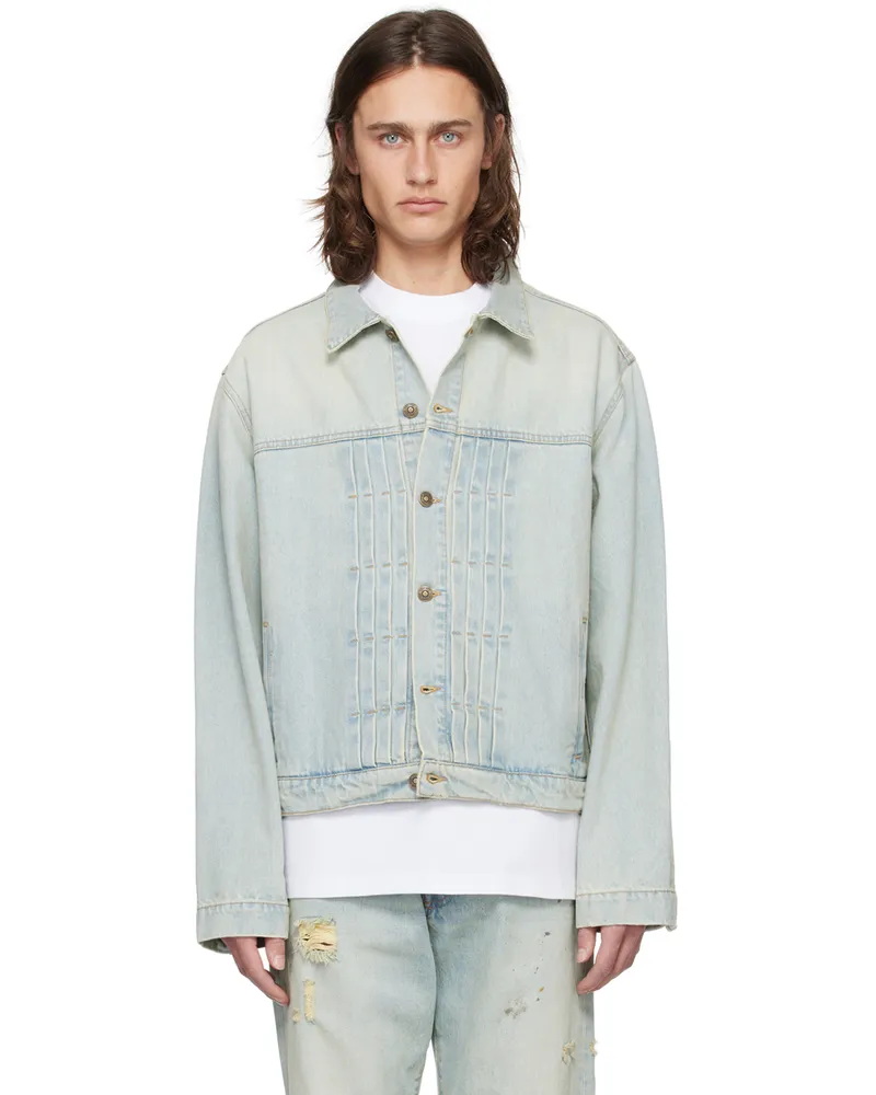 FourTwoFour on Fairfax Blue Pleated Denim Jacket Bleached