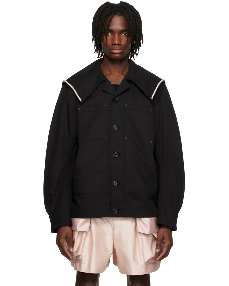 Simone Rocha Black Beaded Sailor Collar Workwear Jacket Black