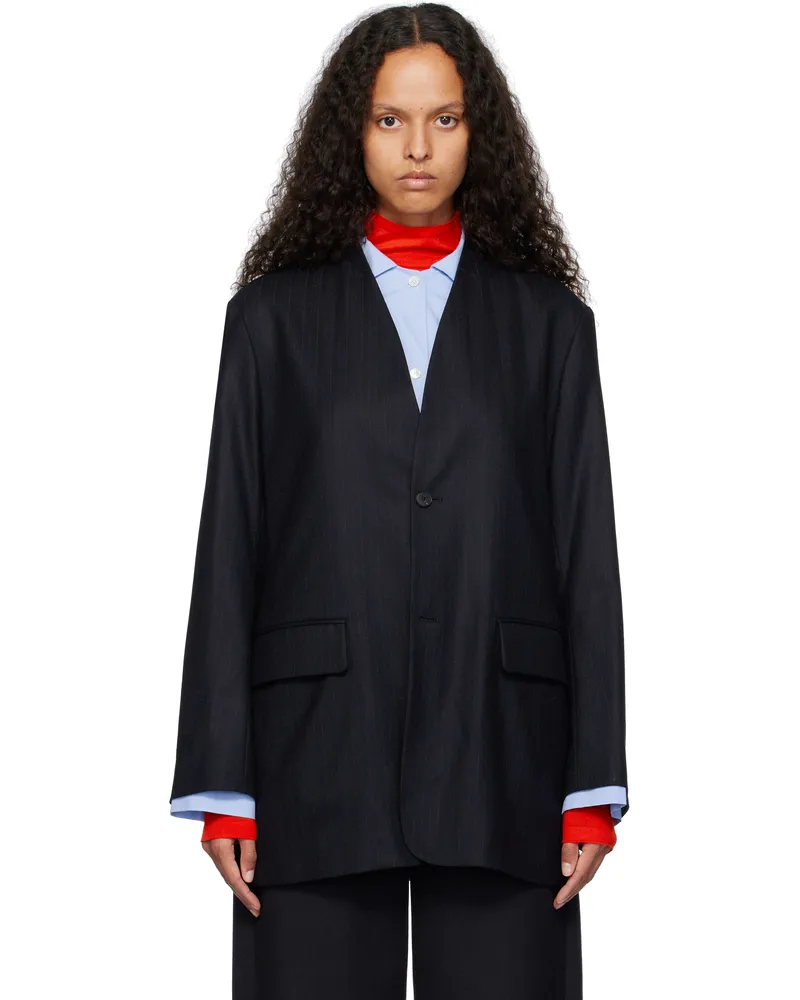 AURALEE Navy Wool Fulling Flannel Stripe Blazer Top