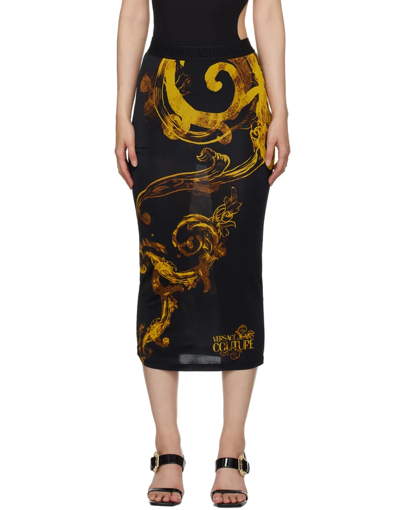 Versace Jeans Black Printed Midi Skirt Eg89