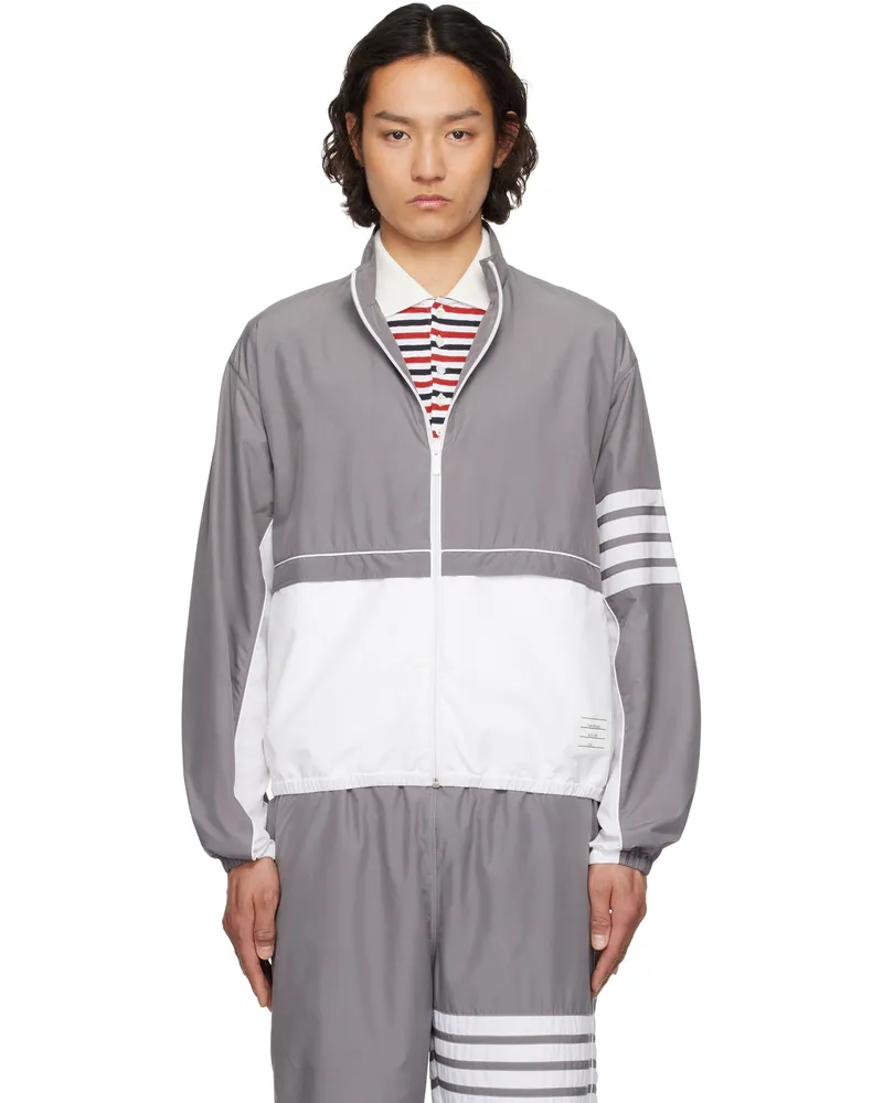 Thom Browne Gray & White Ripstop 4-Bar Color Block Windbreaker Jacket 035