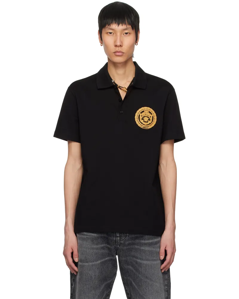 Versace Black Embroidered Chain Crest Polo 1b000-black