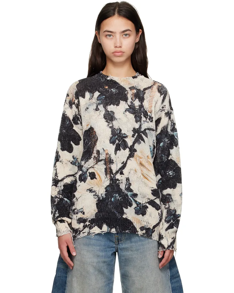 R13 Black & Off-White Printed Boyfriend Sweater Black