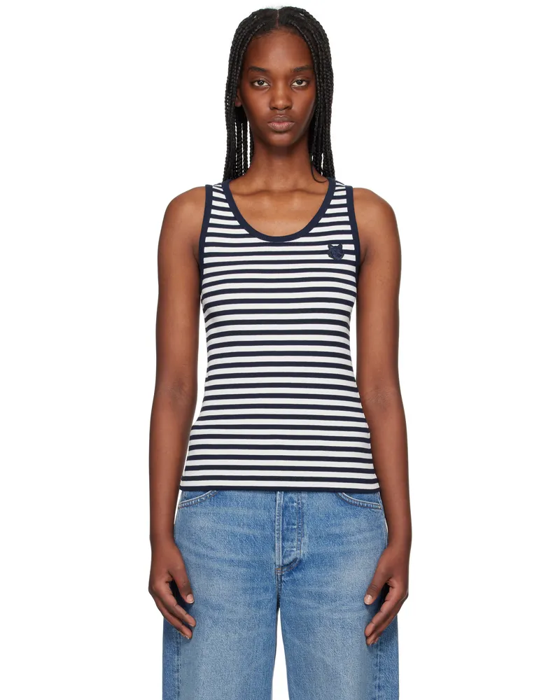 Kitsuné Navy & Off-White Bold Fox Head Patch Multi Stripes Ribbed Tank Top 0241