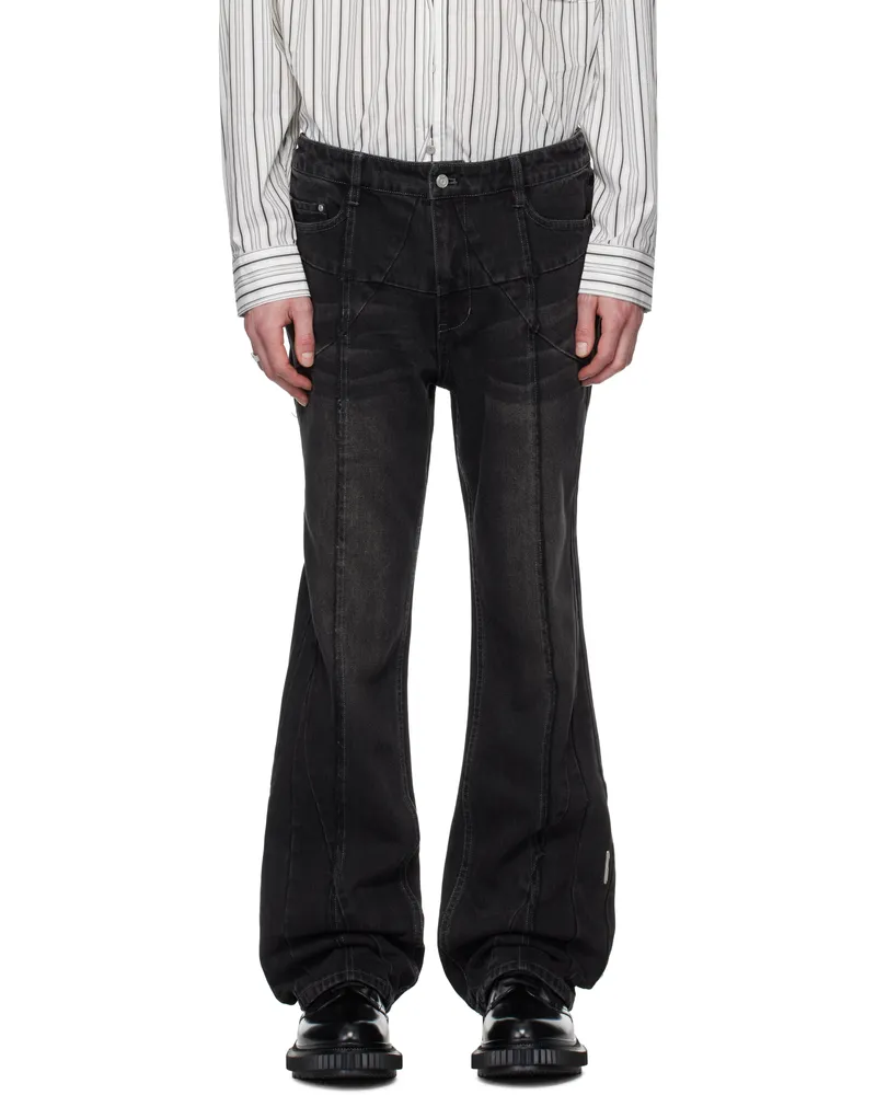 C2H4 Black Stagger Streamline Arch Raw Edge Jeans Faded