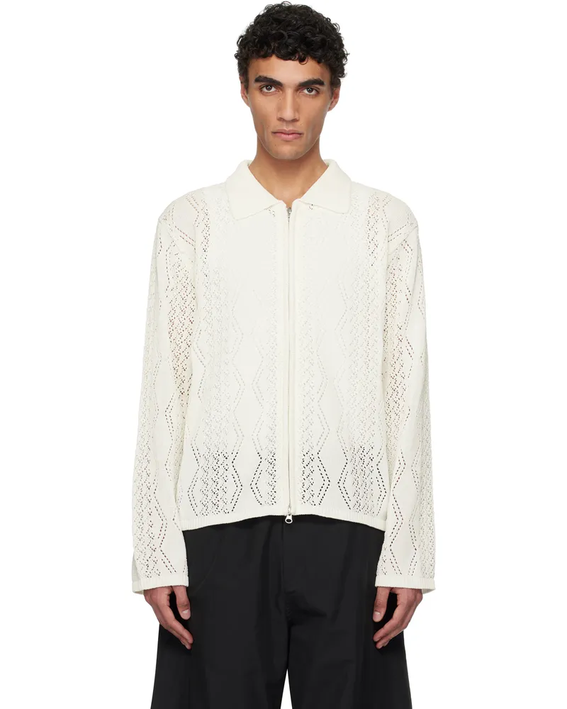 AMOMENTO White Crochet Zip-Up Cardigan White