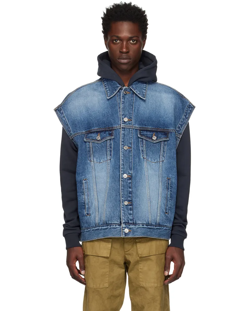 WE 11 DONE Blue Oversized Trucker Denim Vest Blue