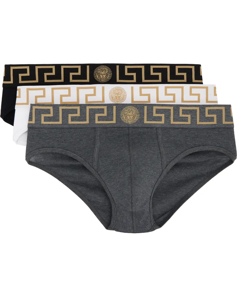 Versace Three-Pack Multicolor Greca Border Briefs A3278-black+grey+whi