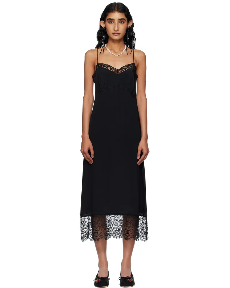 Simone Rocha Black Deep Lace Trim Slip Midi Dress Black