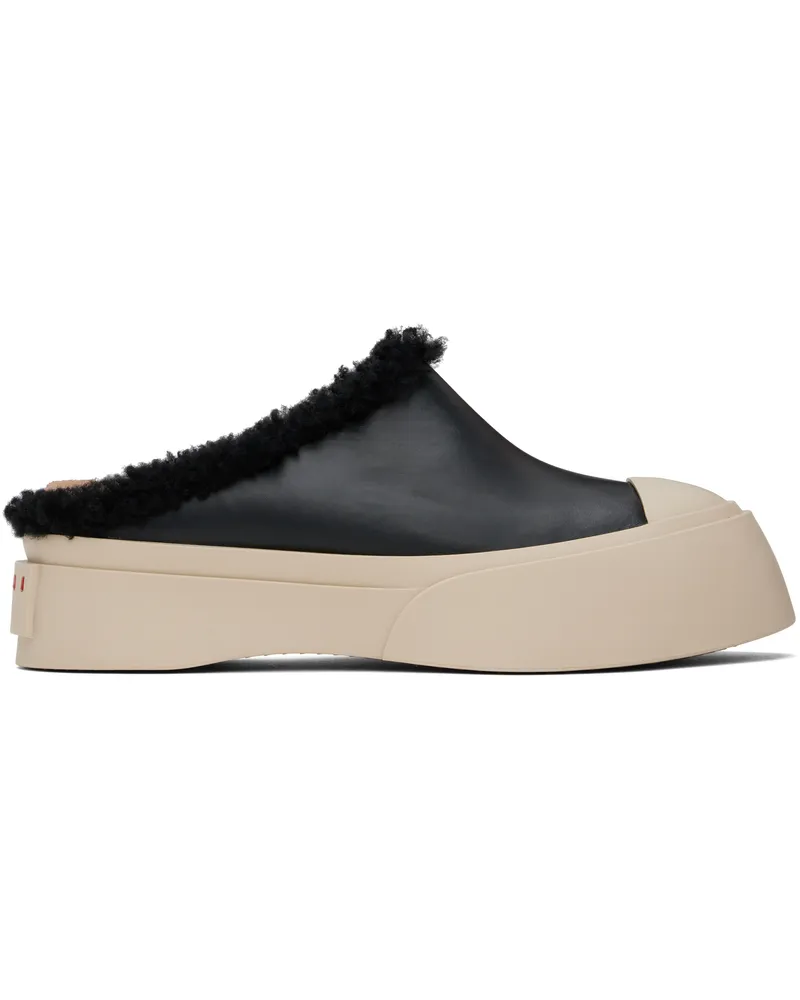 Marni Black Leather & Shearling Sabot Slippers 00n99