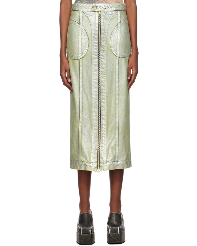 Eckhaus Latta Silver Zip Denim Midi Skirt Sterling