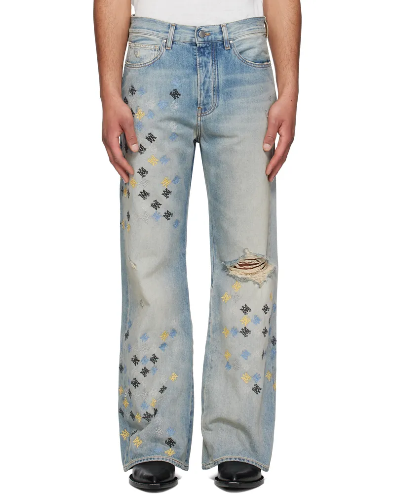 Amiri Blue MA Quad Embroidered Flare Jeans Antique