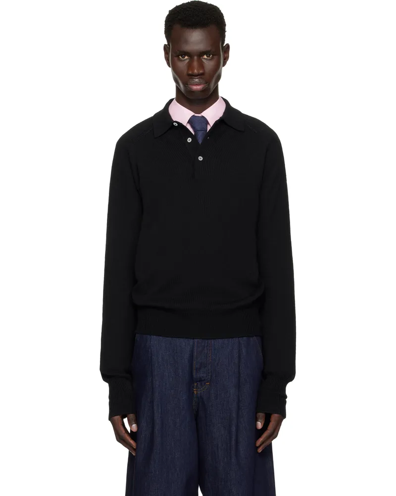 Drake's Black Merino Wool Knitted Polo 100