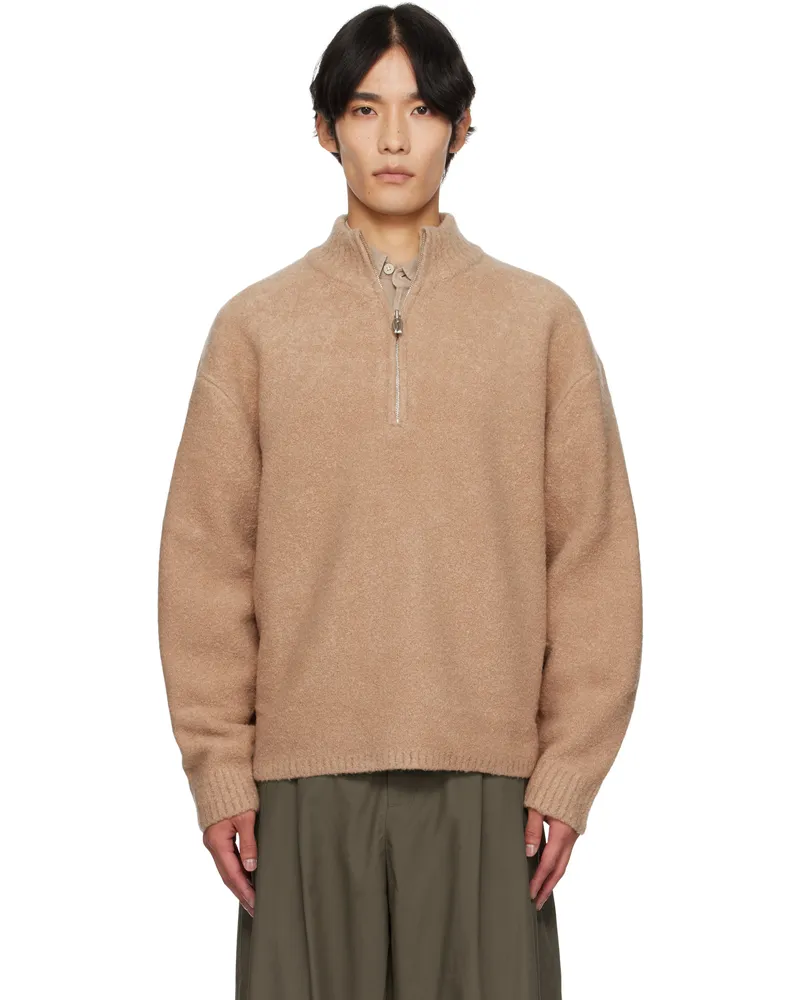 LE 17 SEPTEMBRE Tan Bouclé Half-Zip Sweater Camel