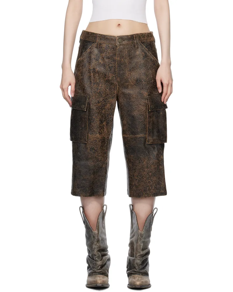 Guess Brown Crackled Leather Cargo Shorts A11a