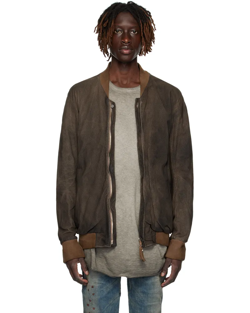 Boris Bidjan Saberi Brown Perforated Leather Bomber Jacket Carbon