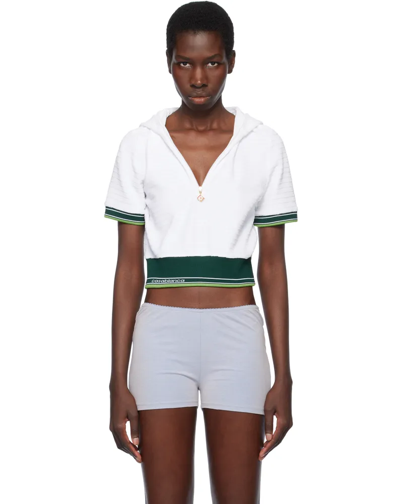 Casablanca Paris White Textured Velour Tennis Cropped Hooded T-shirt White