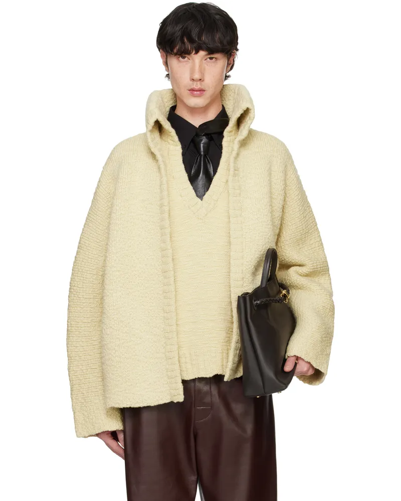 Bottega Veneta Yellow Textured Wool Double Layer Cardigan Soapstone