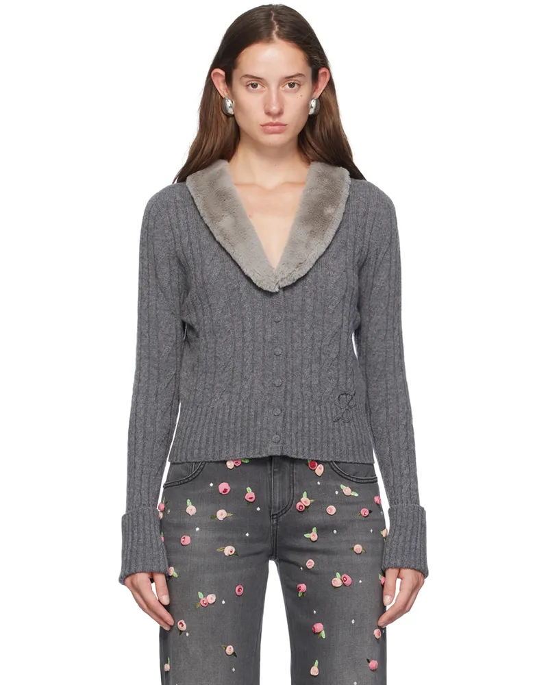 Blumarine Gray Faux-Fur Collar Cardigan N0954