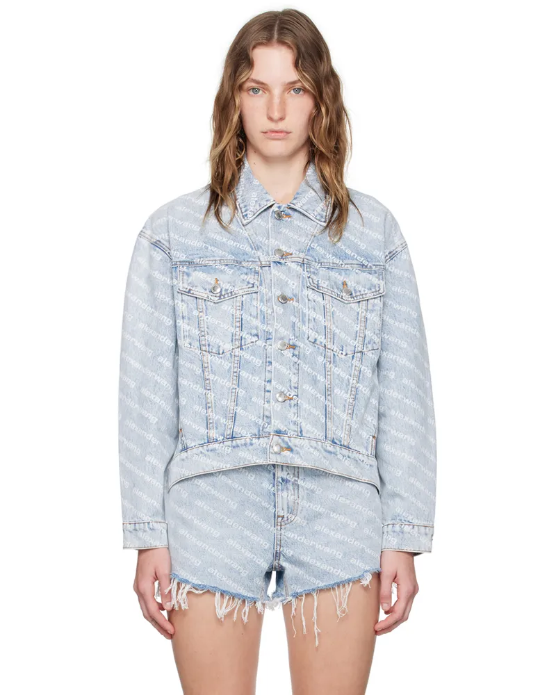 Alexander Wang Blue Printed Falling Back Logo Denim Jacket Pebble
